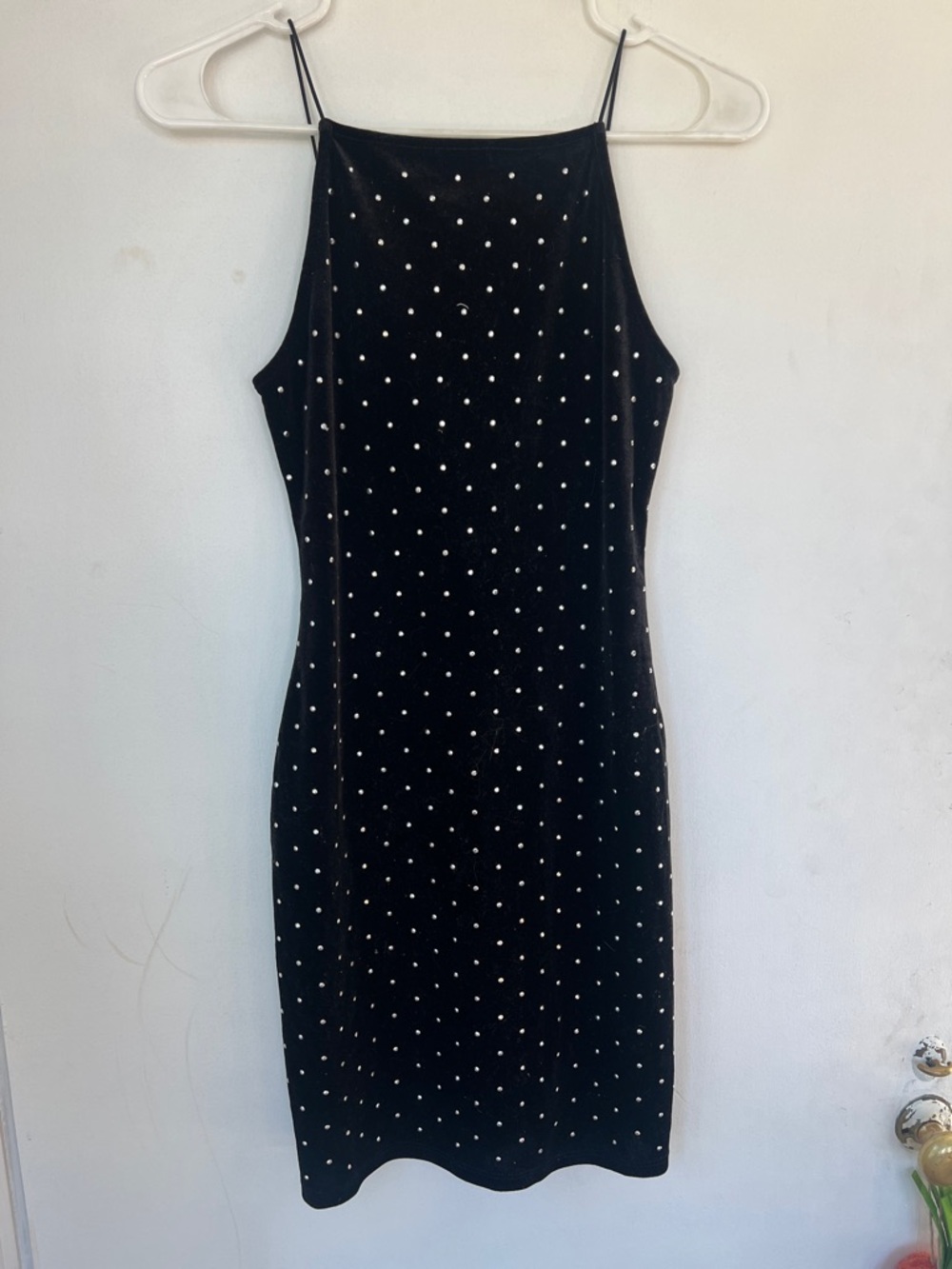 Black Velvet Slip Dress with Rhinestone Studs